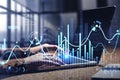 Businesswoman hands or stock trader analyzing stock graph chart by fibonacci indicator using laptop to buy or sell stock  double Royalty Free Stock Photo