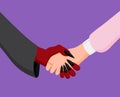 Businesswoman handshake with devil. Successful deal agreement with evil woman.