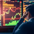 Businesswoman has negative emotions due to falling stock prices in the market, sitting in front of digital screen