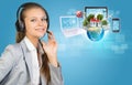 Businesswoman in headset, Globe, computers Royalty Free Stock Photo