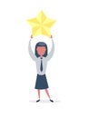 Businesswoman hold a big gold star. Victory, rating.