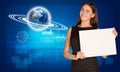 Businesswoman hold paper sheet. Earth and graphs Royalty Free Stock Photo