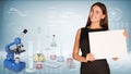 Businesswoman hold paper sheet. Microscope and Royalty Free Stock Photo