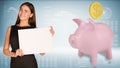 Businesswoman hold paper sheet. Pink piggy bank