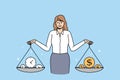 Businesswoman hold scales find money and time balance