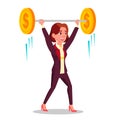 Businesswoman Holding Barbell With Coins Over Head Vector Flat Cartoon Illustration