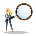 Businesswoman holding a big magnifier glass. Idea of search