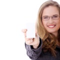 Businesswoman holding blank empty businesscard. Royalty Free Stock Photo