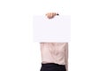 Businesswoman holding blank white placard board paper sign with empty copy space isolated on white background with clipping path Royalty Free Stock Photo