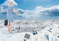 Businesswoman holding briefcase in sea of documents under sky clouds Royalty Free Stock Photo