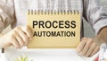 holding a card with text PROCESS AUTOMATION Royalty Free Stock Photo