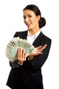 Businesswoman holding a clip of polish money Royalty Free Stock Photo