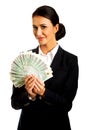 Businesswoman holding a clip of polish money Royalty Free Stock Photo