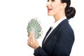 Businesswoman holding a clip of polish money Royalty Free Stock Photo