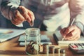 businesswoman holding coins putting in glass. concept saving money and finance accounting Royalty Free Stock Photo