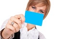 Businesswoman holding blank blue credit card Royalty Free Stock Photo