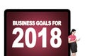 Businesswoman holding a digital tablet leaning on 2018 business goals words on billboard Royalty Free Stock Photo