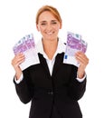 Businesswoman holding 2500 Euro Royalty Free Stock Photo