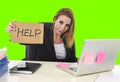 Businesswoman holding help sign working desparate in stress isolated green chroma key Royalty Free Stock Photo