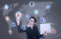 Businesswoman holding laptop click on social network