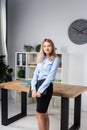 Businesswoman Holding Large File. young womanl standing in the office and holding folder. Portrait of young office worker holding Royalty Free Stock Photo