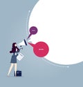 Businesswoman holding megaphone with talking bubbles. Business concept vector