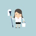 Businesswoman holding mop and bucket. Cleaning the workplace concept.