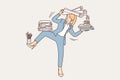 Businesswoman holding office supplies and falling over from overloading due to lot of work