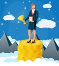 Businesswoman holding trophy in the sky