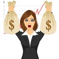 Businesswoman holding two big dollar money bags Royalty Free Stock Photo