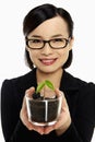 Businesswoman holding up a potted plant Royalty Free Stock Photo