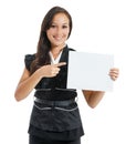 Businesswoman holding white blank empty billboard sign with copy Royalty Free Stock Photo