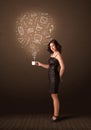 Businesswoman holding a white cup with social media icons Royalty Free Stock Photo