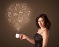 Businesswoman holding a white cup with social media icons Royalty Free Stock Photo