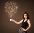 Businesswoman holding a white cup with social media icons Royalty Free Stock Photo