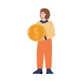 Businesswoman holds golden coin in hands, cartoon vector illustration isolated.