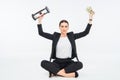 Businesswoman with hourglass and money Royalty Free Stock Photo