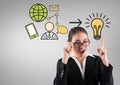 Businesswoman with idea bulb and business graphics drawings