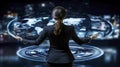 Businesswoman Interacting with Futuristic World Map Interface, Data Visualization Concept Royalty Free Stock Photo