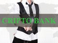 Businesswoman in a jacket and tie pressing cripto bank button of a virtual screen. exchange and production of crypto Royalty Free Stock Photo