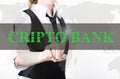 Businesswoman in a jacket and tie pressing cripto bank button of a virtual screen. exchange and production of crypto Royalty Free Stock Photo