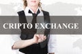 Businesswoman in a jacket and tie pressing cripto exchange button of a virtual screen. exchange and production of crypto Royalty Free Stock Photo