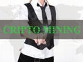 Businesswoman in a jacket and tie pressing cripto mining button of a virtual screen. exchange and production of crypto