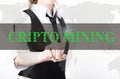 Businesswoman in a jacket and tie pressing cripto mining button of a virtual screen. exchange and production of crypto Royalty Free Stock Photo