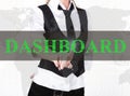 Businesswoman in a jacket and tie pressing dashboard button of a virtual screen. exchange and production of crypto Royalty Free Stock Photo