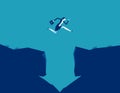 Businesswoman jumping crossing a cliff with downward arrow shaped