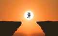 Businesswoman Jumping Over Cliff Sunset background Silhouette. Brave Young Woman Jumps between 2 Cliffs In Front Of The Sun. Royalty Free Stock Photo