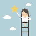 Businesswoman on a ladder grab star in the sky.