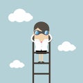 Businesswoman on a ladder using binoculars above cloud. Royalty Free Stock Photo