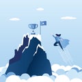 Businesswoman or lady office super heroes flying to achieve his goal.Winner cup and flag Royalty Free Stock Photo